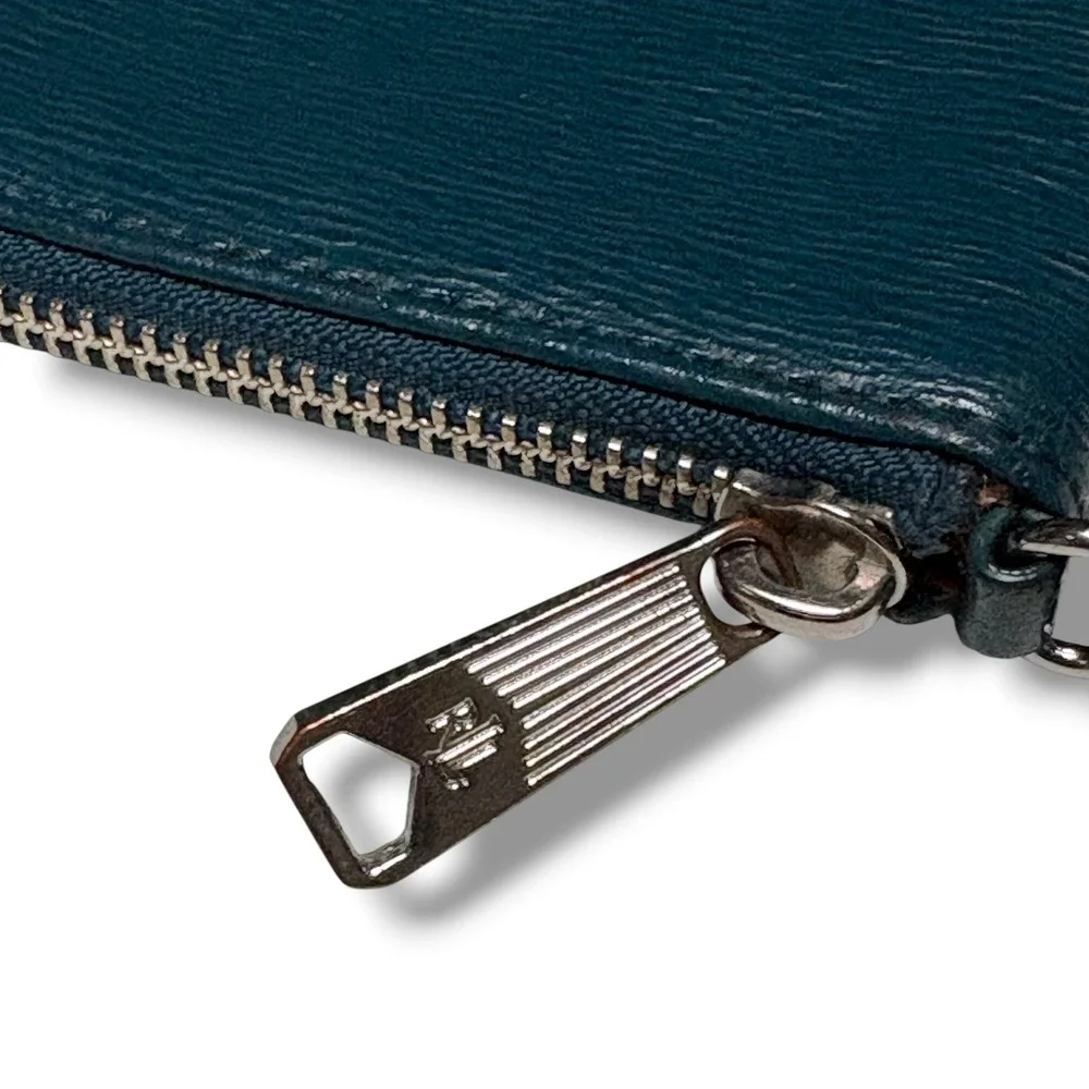 Lauren Ralph Lauren Teal Blue Textured Leather Zip Coin Pouch Logo Plaque Small